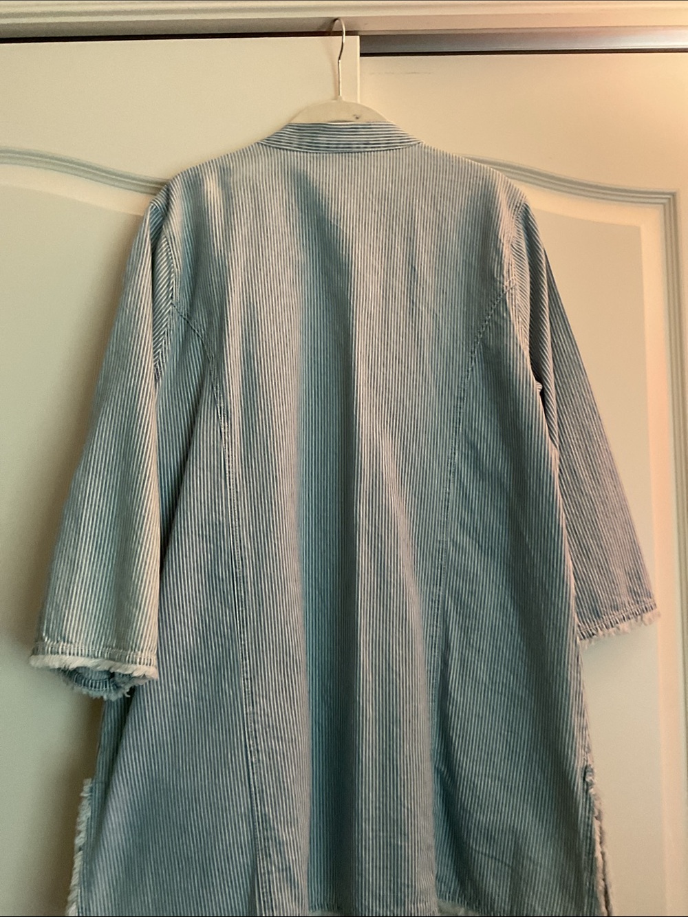 Blue Sky Light Blue & White Striped Jean Jacket with Floral Brooches